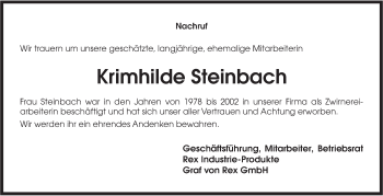 Traueranzeige von Krimhilde Steinbach von Haller Tagblatt