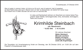 Traueranzeige von Krimhilde Steinbach von Hohenloher Tagblatt