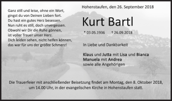 Traueranzeige von Kurt Bartl von NWZ Neue Württembergische Zeitung