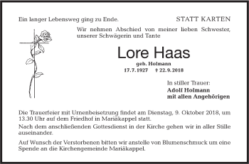 Traueranzeige von Lore Haas von Hohenloher Tagblatt