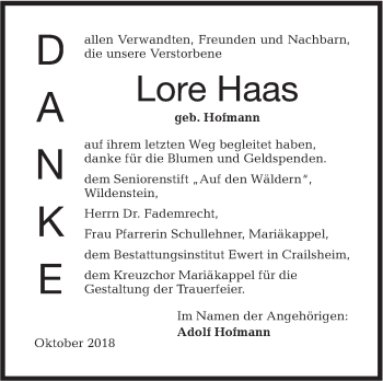 Traueranzeige von Lore Haas von Hohenloher Tagblatt