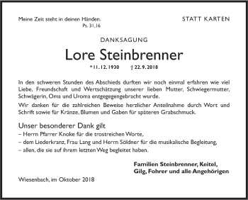 Traueranzeige von Lore Steinbrenner von Hohenloher Tagblatt