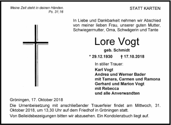 Traueranzeige von Lore Vogt von Hohenloher Tagblatt