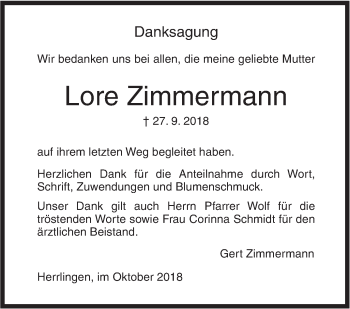 Traueranzeige von Lore Zimmermann von SÜDWEST PRESSE Ausgabe Ulm/Neu-Ulm