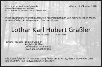 Traueranzeige von Lothar Karl Hubert Gräßler von Metzinger-Uracher Volksblatt