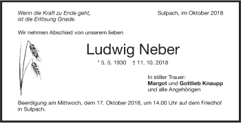 Traueranzeige von Ludwig Neber von NWZ Neue Württembergische Zeitung