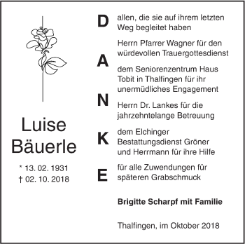 Traueranzeige von Luise Bäuerle von SÜDWEST PRESSE Ausgabe Ulm/Neu-Ulm