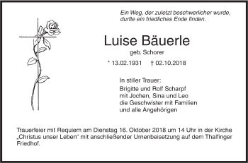 Traueranzeige von Luise Bäuerle von SÜDWEST PRESSE Ausgabe Ulm/Neu-Ulm