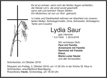 Traueranzeige von Lydia Saur von Ehinger Tagblatt