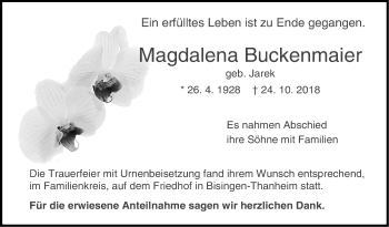 Traueranzeige von Magdalena Buckenmaier von Hohenzollerische Zeitung