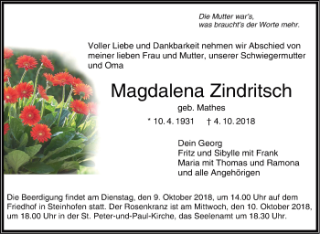 Traueranzeige von Magdalena Zindritsch von Hohenzollerische Zeitung