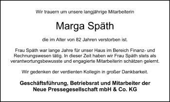 Traueranzeige von Marga Späth von SÜDWEST PRESSE Ausgabe Ulm/Neu-Ulm