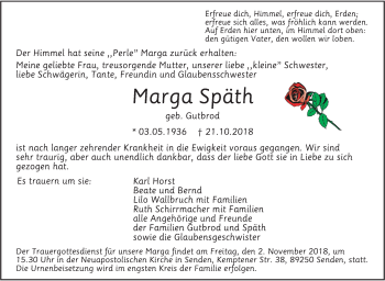 Traueranzeige von Marga Späth von SÜDWEST PRESSE Ausgabe Ulm/Neu-Ulm