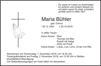 Traueranzeige von Maria Bühler von SÜDWEST PRESSE Ausgabe Ulm/Neu-Ulm