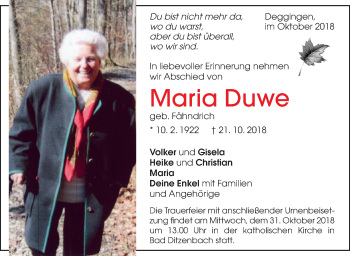 Traueranzeige von Maria Duwe von Geislinger Zeitung