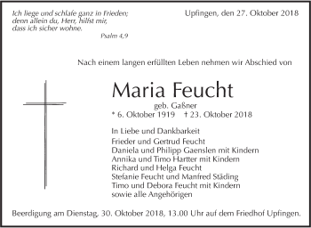 Traueranzeige von Maria Feucht von Alb-Bote/Metzinger-Uracher Volksblatt