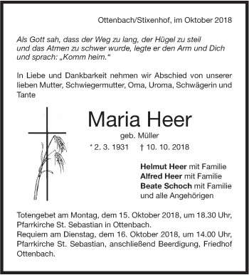 Traueranzeige von Maria Heer von NWZ Neue Württembergische Zeitung