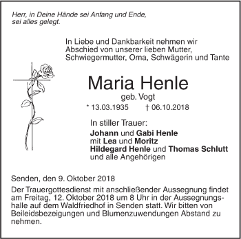 Traueranzeige von Maria Henle von SÜDWEST PRESSE Ausgabe Ulm/Neu-Ulm