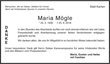 Traueranzeige von Maria Mögle von Metzinger-Uracher Volksblatt