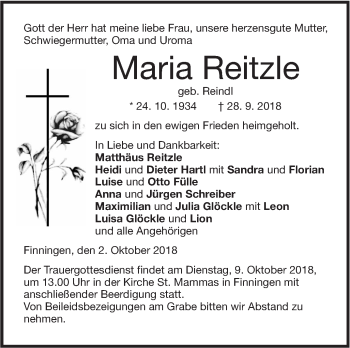 Traueranzeige von Maria Reitzle von SÜDWEST PRESSE Ausgabe Ulm/Neu-Ulm