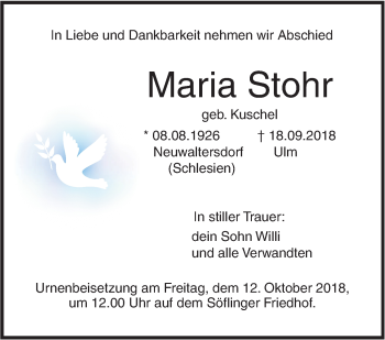 Traueranzeige von Maria Stohr von SÜDWEST PRESSE Ausgabe Ulm/Neu-Ulm