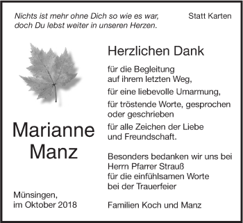 Traueranzeige von Marianne Manz von Alb-Bote/Metzinger-Uracher Volksblatt