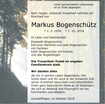 Traueranzeige von Markus Bogenschütz von Hohenzollerische Zeitung