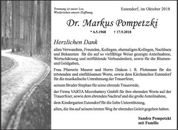 Traueranzeige von Markus Pompetzki von Rundschau Gaildorf