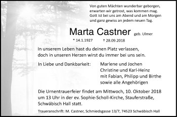 Traueranzeige von Marta Castner von Haller Tagblatt