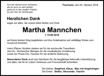 Traueranzeige von Martha Mannchen von Hohenzollerische Zeitung