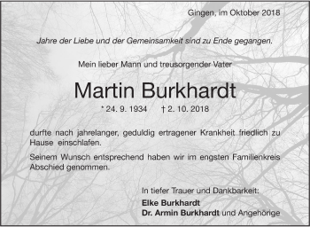 Traueranzeige von Martin Burkhardt von Geislinger Zeitung