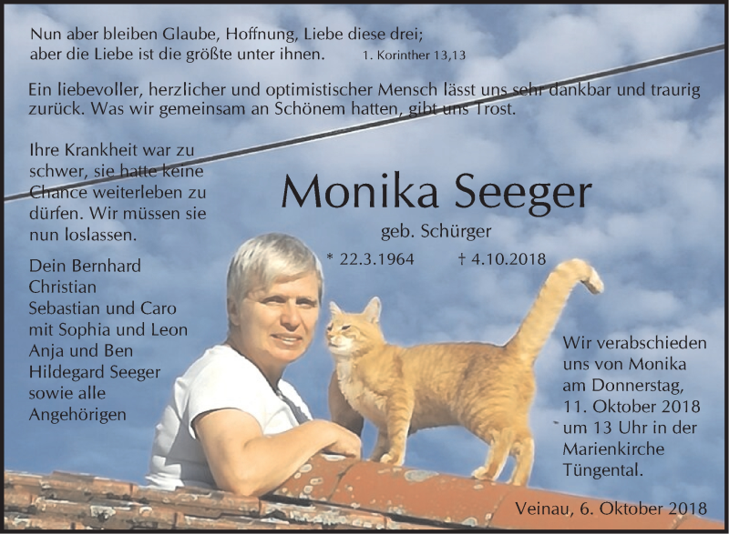  Traueranzeige für Monika Seeger vom 06.10.2018 aus Haller Tagblatt