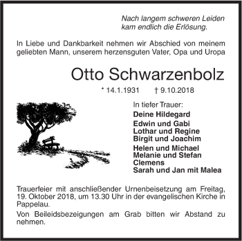 Traueranzeige von Otto Schwarzenbolz von SÜDWEST PRESSE