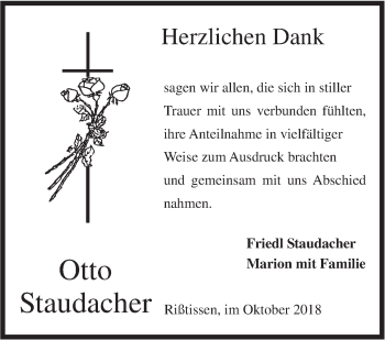 Traueranzeige von Otto Staudacher von Ehinger Tagblatt