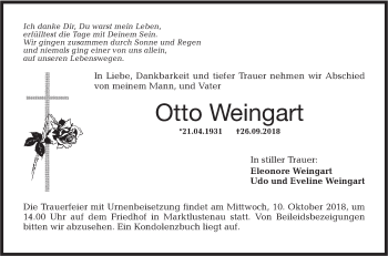 Traueranzeige von Otto Weingart von Hohenloher Tagblatt