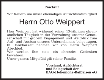 Traueranzeige von Otto Weippert von Haller Tagblatt