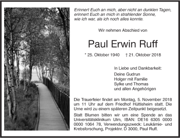 Traueranzeige von Paul Erwin Ruff von SÜDWEST PRESSE Ausgabe Ulm/Neu-Ulm