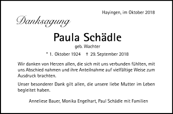 Traueranzeige von Paula Schädle von Alb-Bote/Metzinger-Uracher Volksblatt