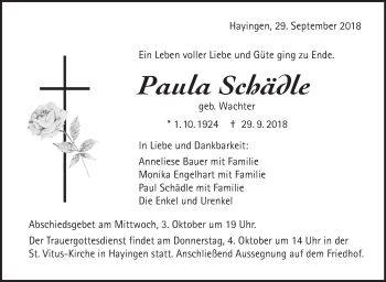 Traueranzeige von Paula Schädle von Alb-Bote/Metzinger-Uracher Volksblatt