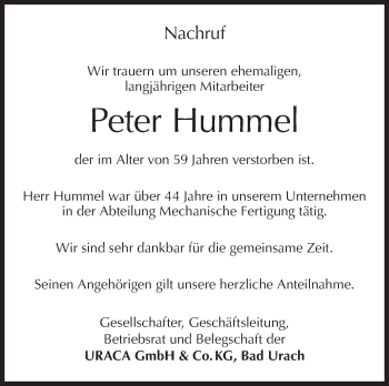 Traueranzeige von Peter Hummel von Metzinger-Uracher Volksblatt