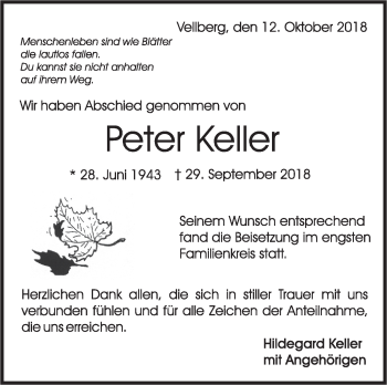 Traueranzeige von Peter Keller von Rundschau Gaildorf