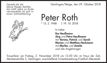 Traueranzeige von Peter Roth von Geislinger Zeitung