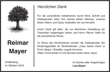 Traueranzeige von Reimar Mayer von Metzinger-Uracher Volksblatt