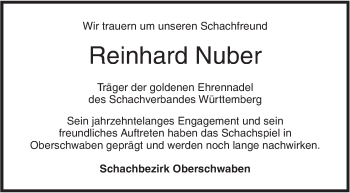 Traueranzeige von Reinhard Nuber von SÜDWEST PRESSE Ausgabe Ulm/Neu-Ulm