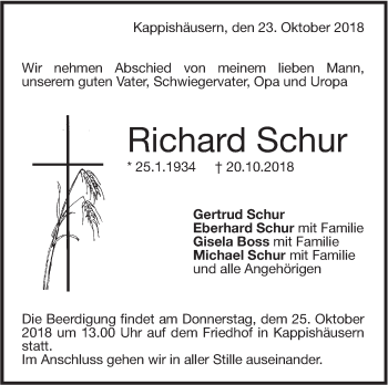 Traueranzeige von Richard Schur von Metzinger-Uracher Volksblatt