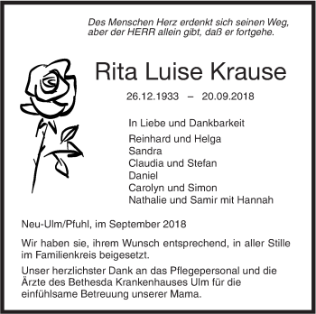 Traueranzeige von Rita Luise Krause von SÜDWEST PRESSE Ausgabe Ulm/Neu-Ulm