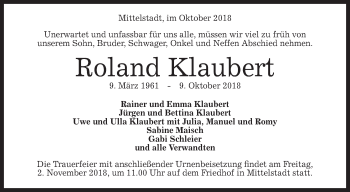 Traueranzeige von Roland Klauben von Metzinger-Uracher Volksblatt