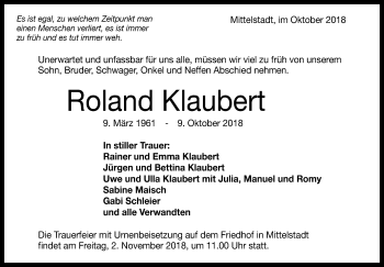 Traueranzeige von Roland Klaubert von Metzinger-Uracher Volksblatt