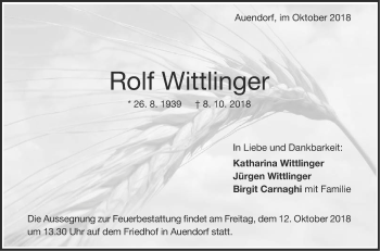 Traueranzeige von Rolf Wittlinger von NWZ Neue Württembergische Zeitung/Geislinger Zeitung