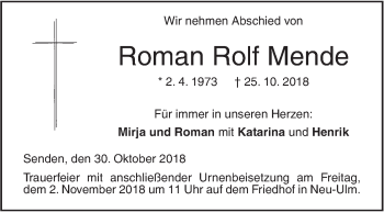 Traueranzeige von Roman Rolf Mende von SÜDWEST PRESSE Ausgabe Ulm/Neu-Ulm